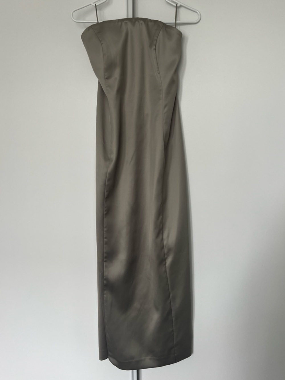 OAK + FORT Strapless Satin Slip Dress in Olive Taupe